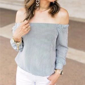 Cabi Silk Black White Stripe Off Shoulder Long Sleeve Blouse Loose Size L